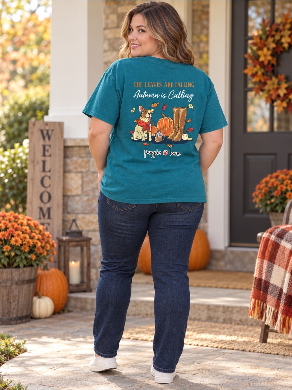Puppie Love Autumn Is Calling Rescue Dog T-Shirt Teal XL